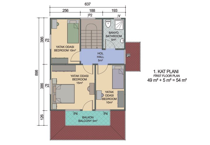 3+1 Çift Katlı Prefabrik Ev 122 m2