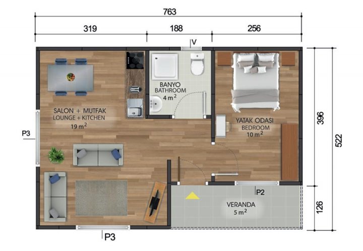 1+1 Tek Katlı Prefabrik Ev 40 m2