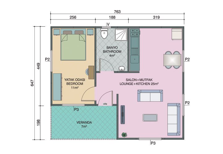 1+1 Tek Katlı Prefabrik Ev 49 m2