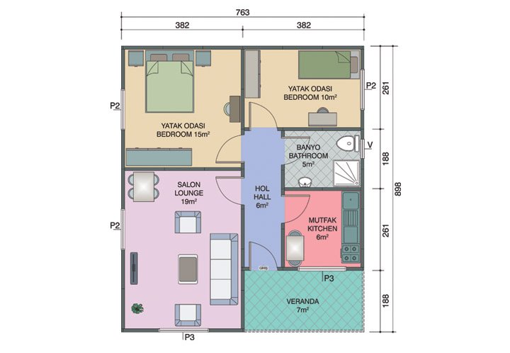 2+1 Tek Katlı Prefabrik Ev 68 m2